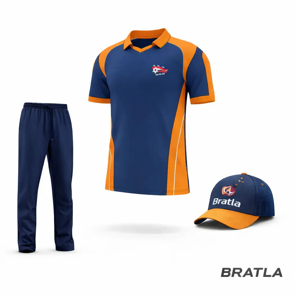 Cricket Shirt and Trouser Fully Customized With Team Name Logo and Number - Orange & Blue 2 Piece Set - TeamWear-Cricket