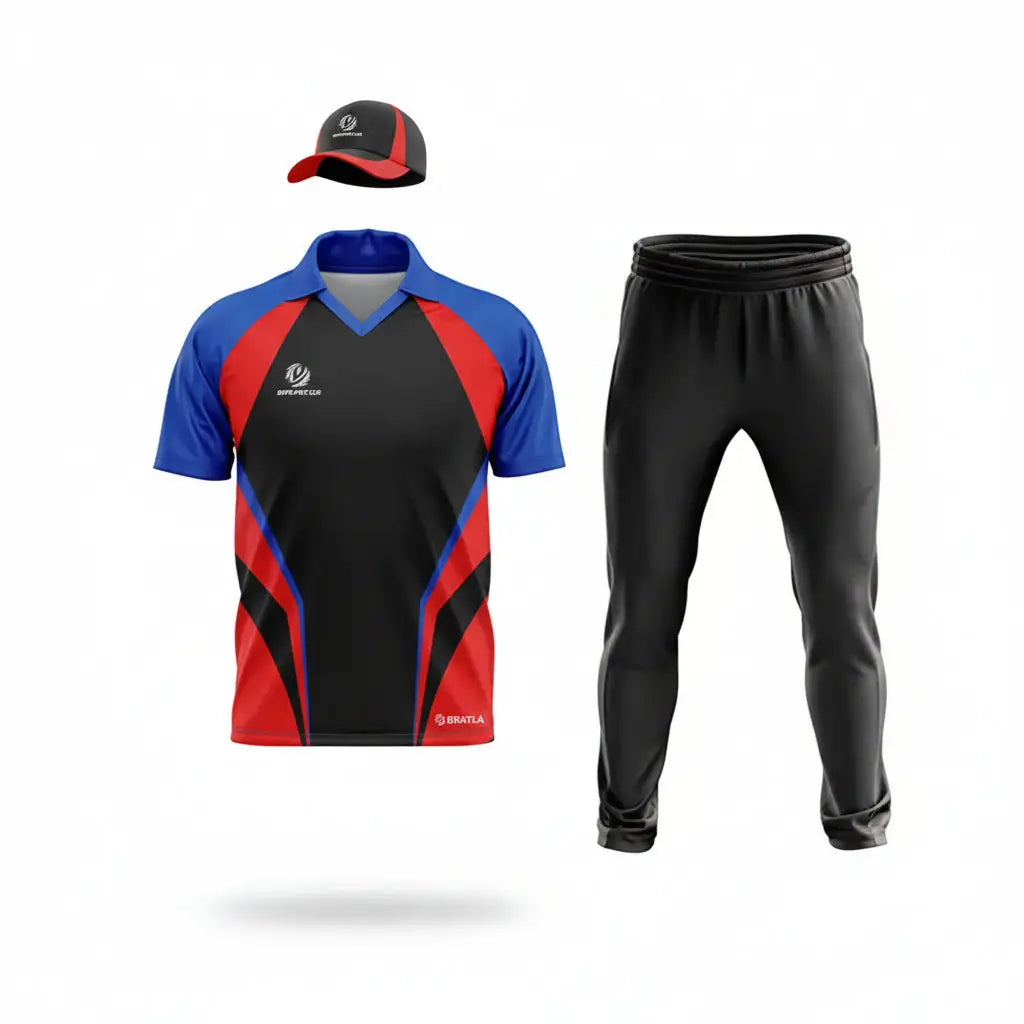 Black Blue And Red Cricket Shirt And Gray Trouser 2 Piece Set - TeamWear