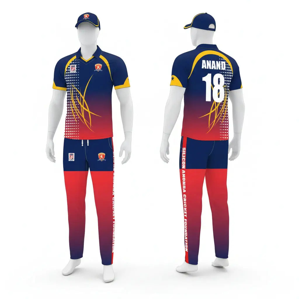 Blue & Red Cricket Uniform Fully Customizable 2 Piece Set - TeamWear