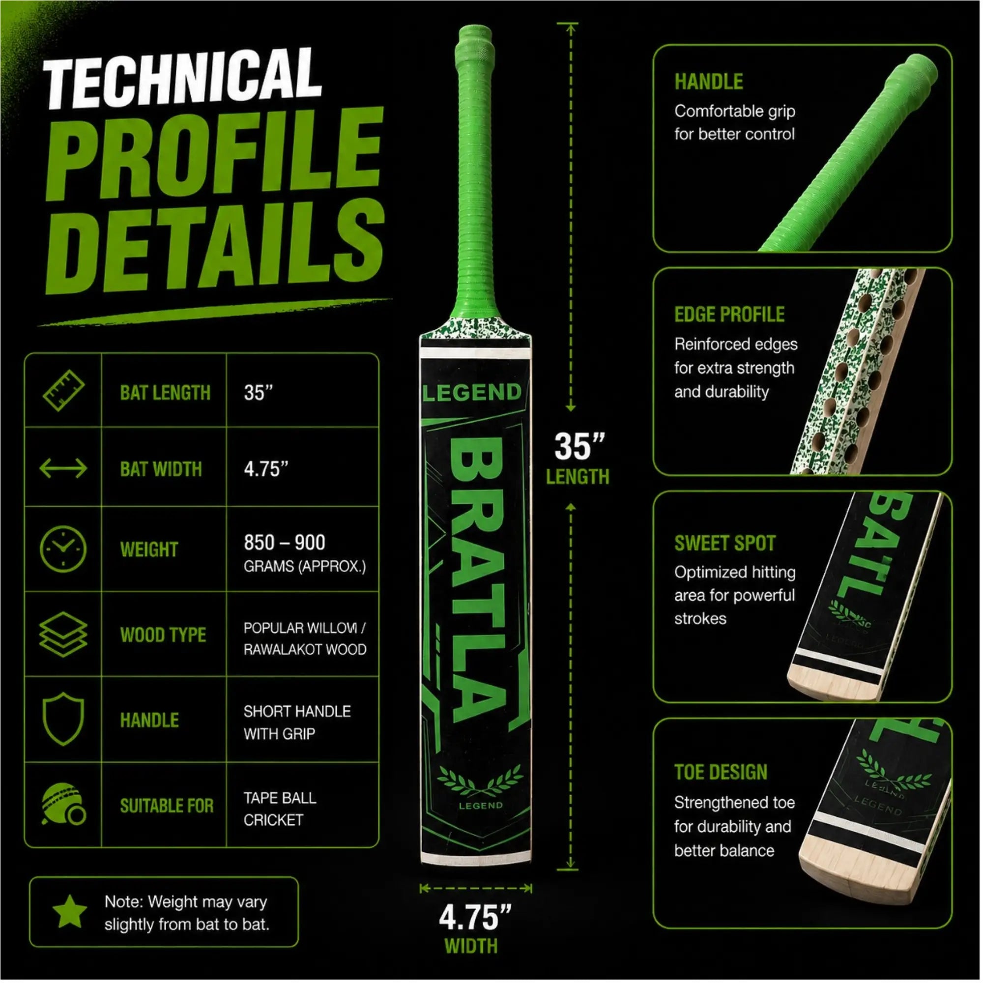 Bratla BTL Legend Adult Cricket Bat for Tape Ball & Tennis Ball Cricket - Full Size Lightweight Popular Willow Tape Ball Cricket Bat