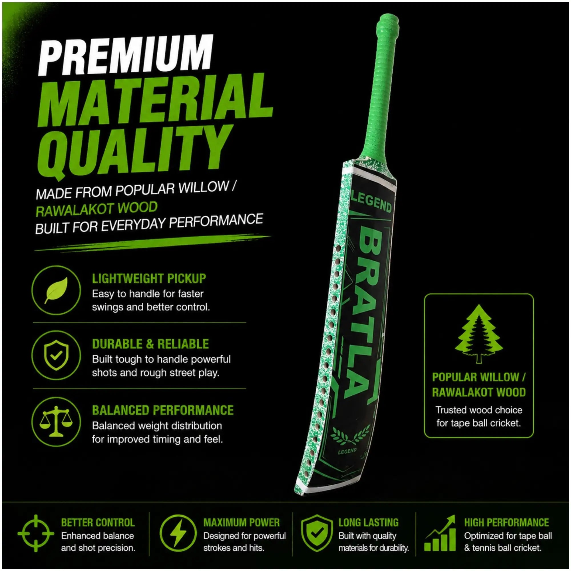 Bratla BTL Legend Adult Cricket Bat for Tape Ball & Tennis Ball Cricket - Full Size Lightweight Popular Willow Tape Ball Cricket Bat