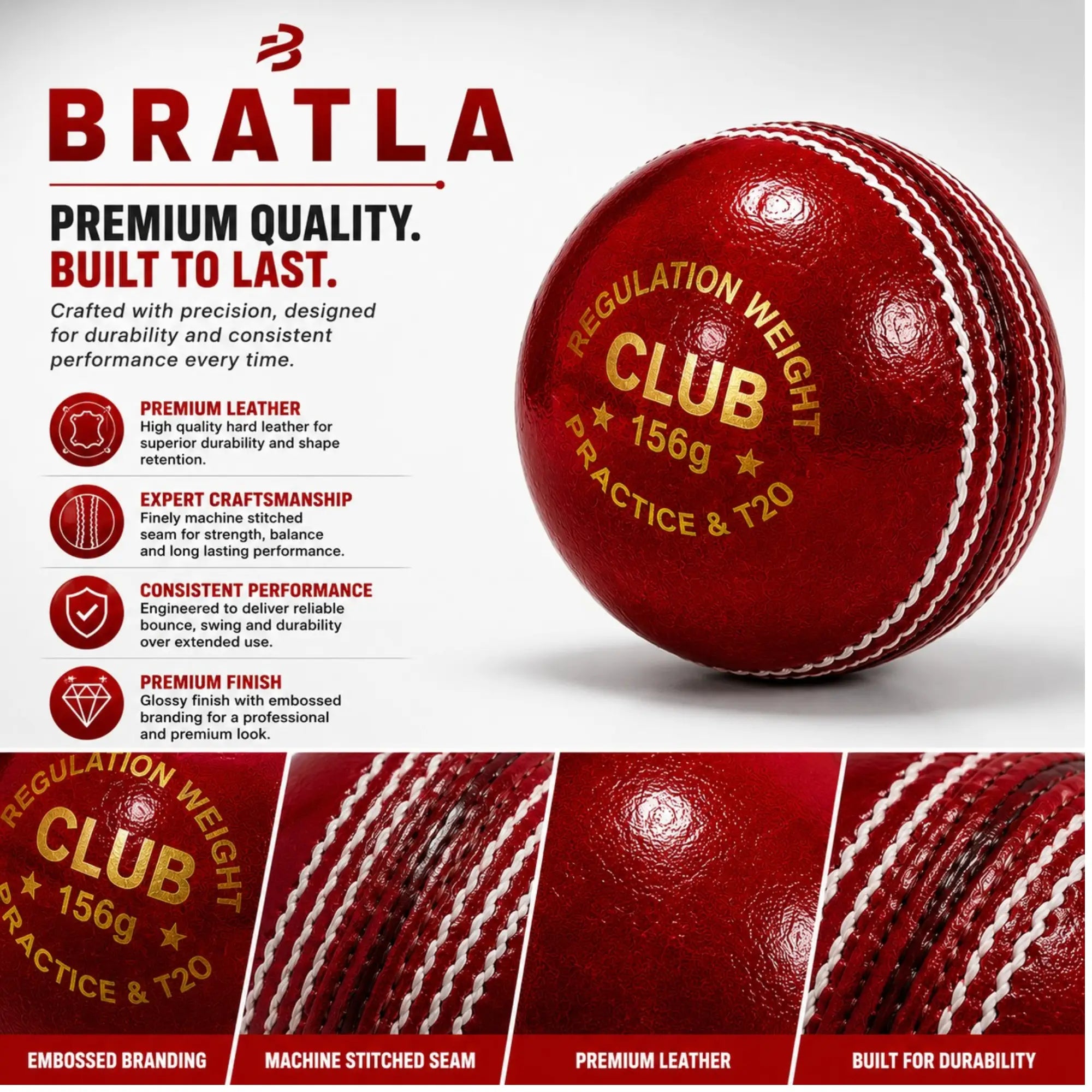 Bratla Club Cricket Balls – Pack of 6 Hard Leather Cricket Balls – Leather Cricket Ball for Practice Training & T20 – Regulation Weight –