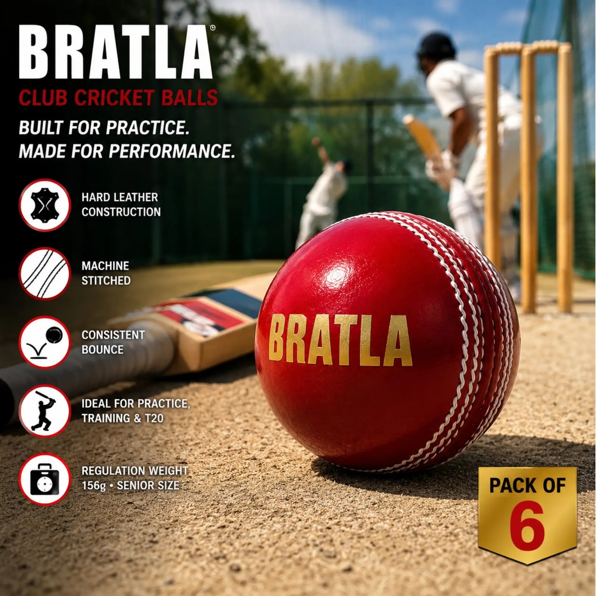 Bratla Club Cricket Balls – Pack of 6 Hard Leather Cricket Balls – Leather Cricket Ball for Practice Training & T20 – Regulation Weight –
