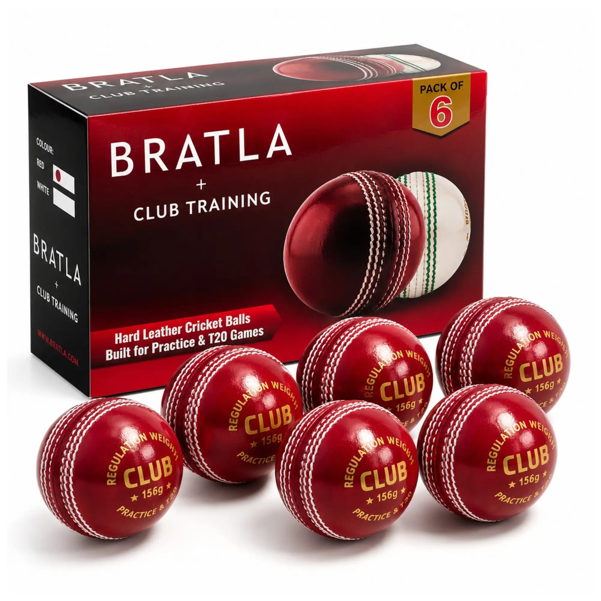 Bratla Club Cricket Balls – Pack of 6 Hard Leather Cricket Balls – Leather Cricket Ball for Practice Training & T20 – Regulation Weight –