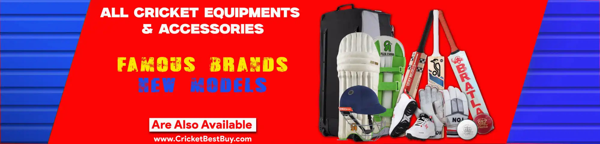 Cricket equipment and accessories promotional banner with colorful text and product images.