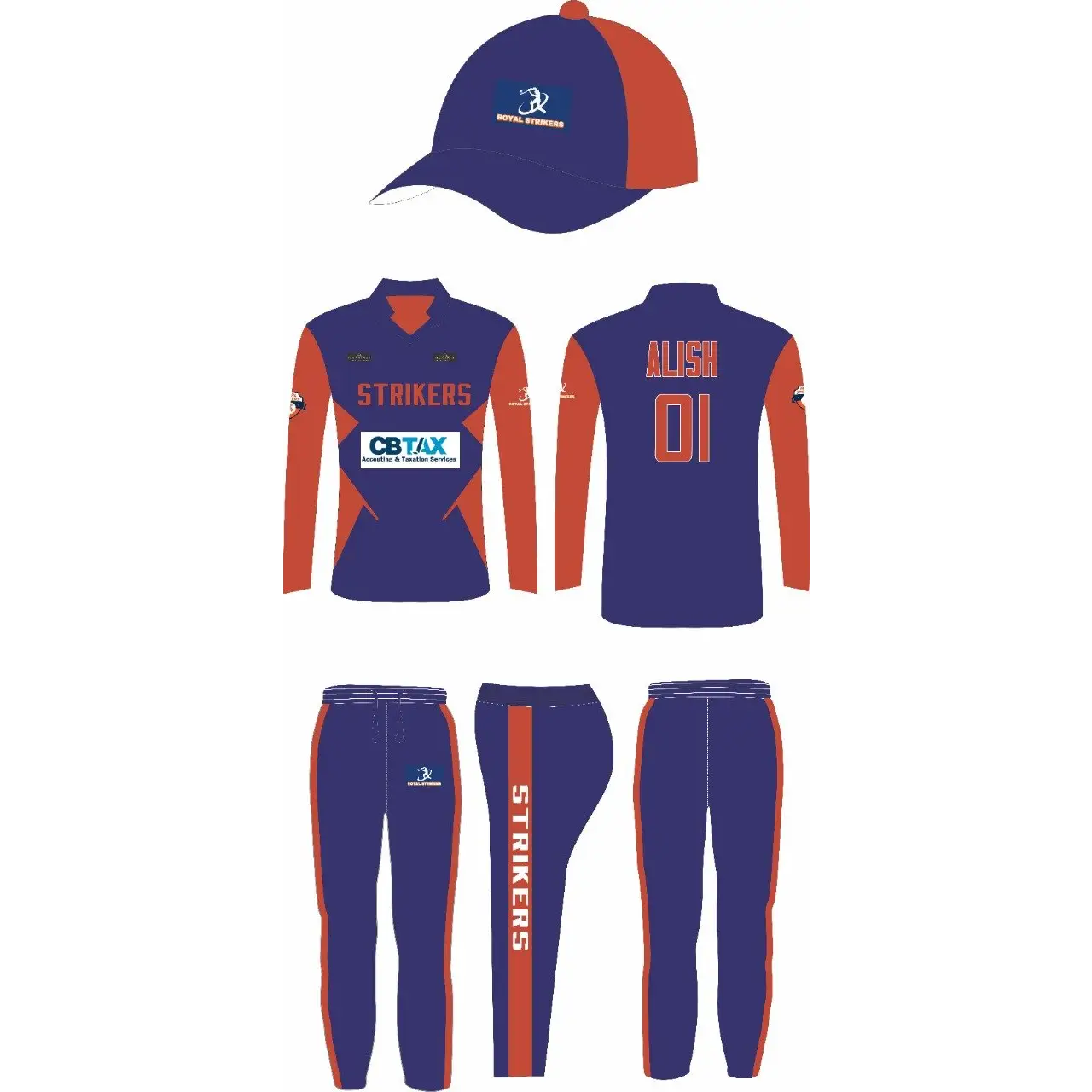 Cricket Full Sublimation Jersey Trouser and Cap Blue and Red - S-XL - Custom Cricket Wear 3PC Full