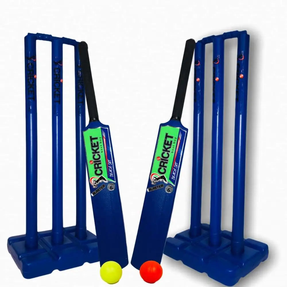 Cricket Plastic Beach Set Double Blaster Bat Balls Stumps and Bag Blue