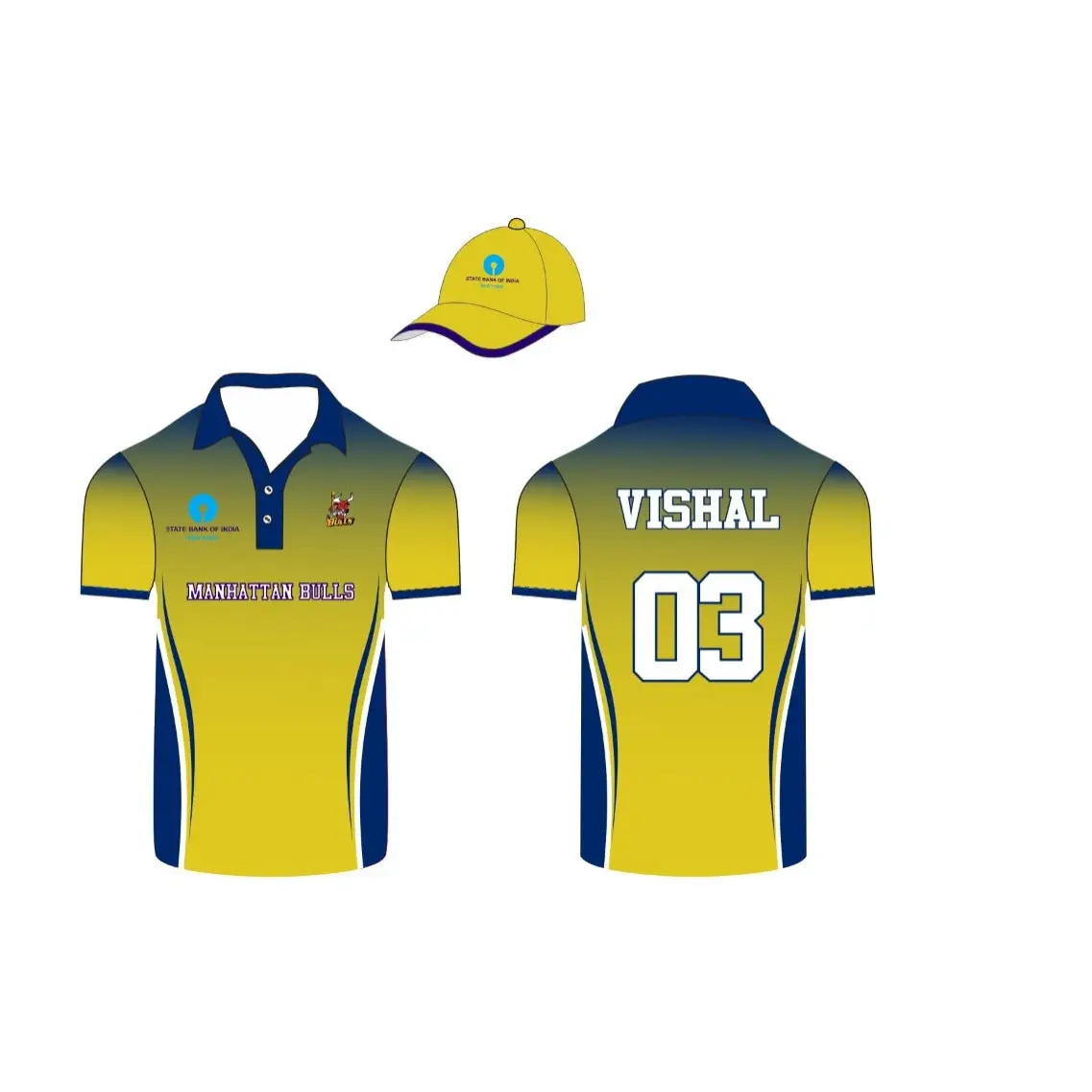 Cricket Shirt And Cap With Player Name And Number & Team Name - Yellow And Blue - Custom Cricket Jerseys