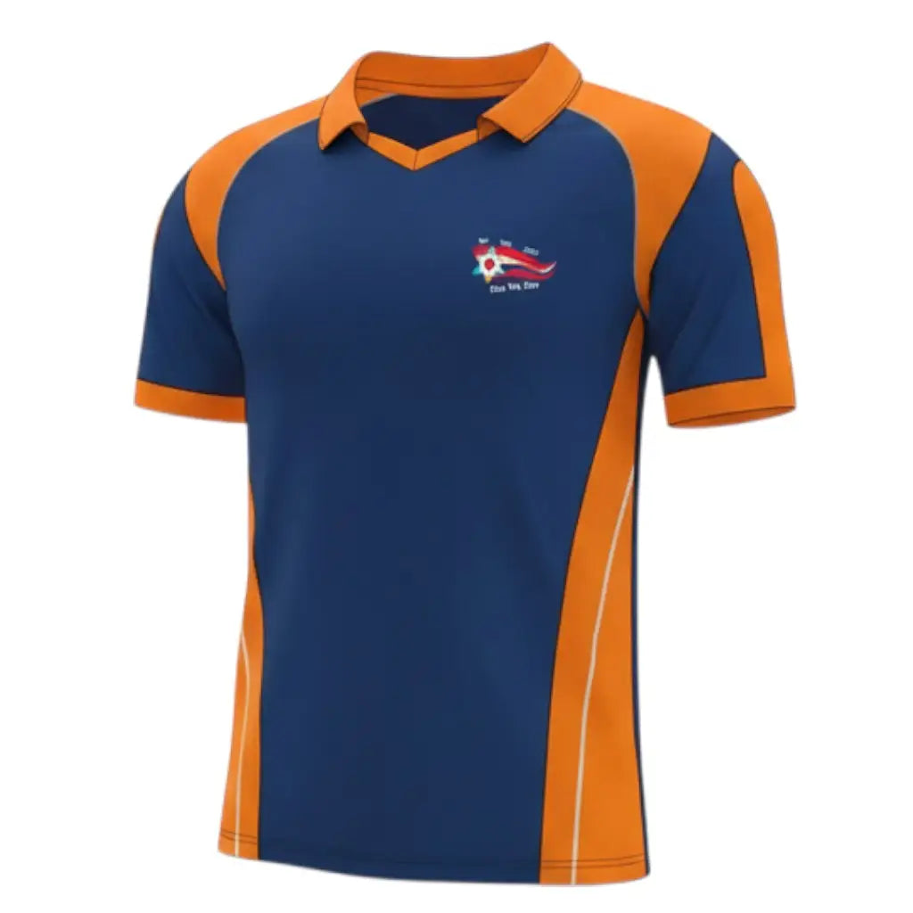 Cricket Shirt and Trouser Fully Customized With Team Name Logo and Number - Orange & Blue 2 Piece Set - TeamWear