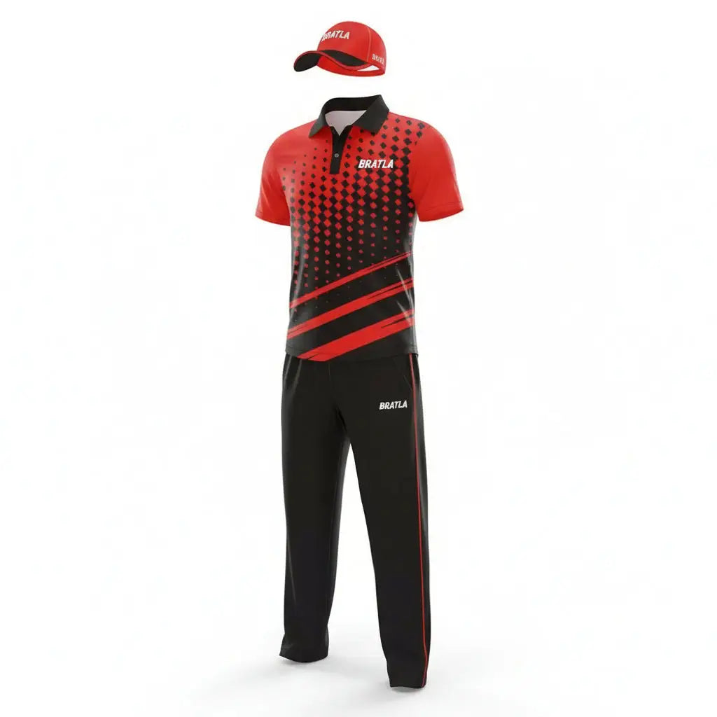 Cricket Shirt Trouser And Cap Customizable With Name -Black And Red 3 Piece Set - TeamWear