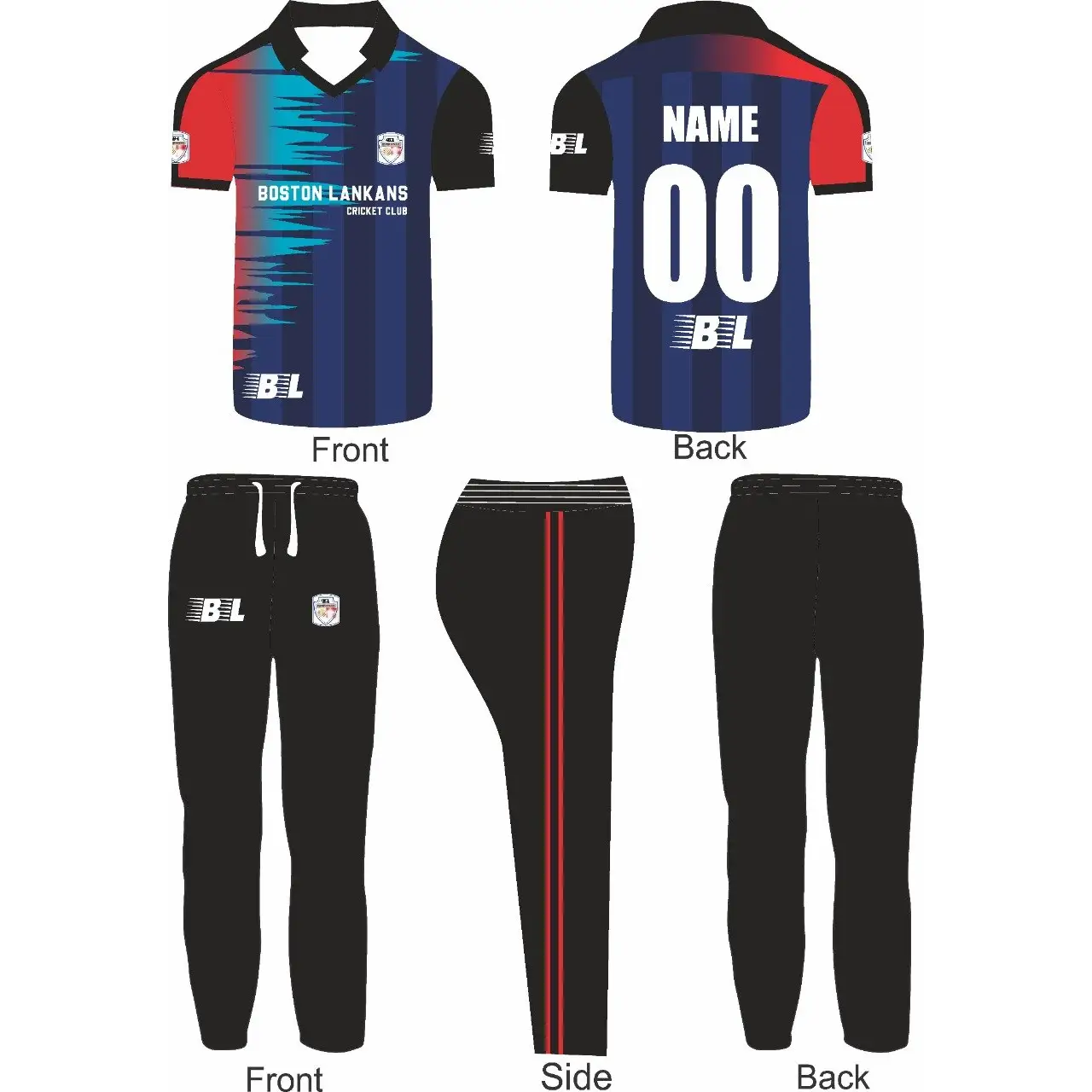 Cricket Sports Jersey Trouser Kit Black Blue Red - S-XL - Custom Cricket Wear 2PC Full
