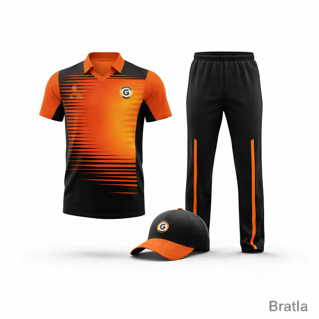 cricket team dress design Cricket Uniform Jersey Kits Custom Made Color Clothing Orange & Black 2 Piece Set