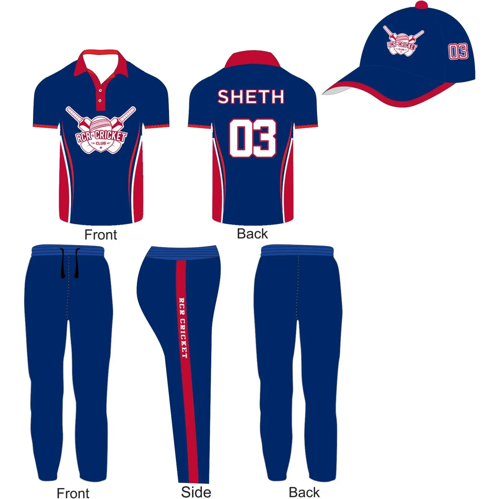 Cricket Uniform Kit Jersey Trouser Cap Blue Red Fully Sublimation 3