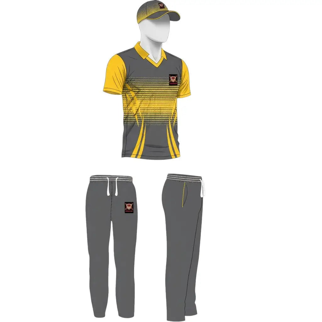 Customizable Cricket Shirt And Trouser With Name Number and logo - Yellow And Grey 2 Piece Set - Custom Cricket Wear 2PC Full