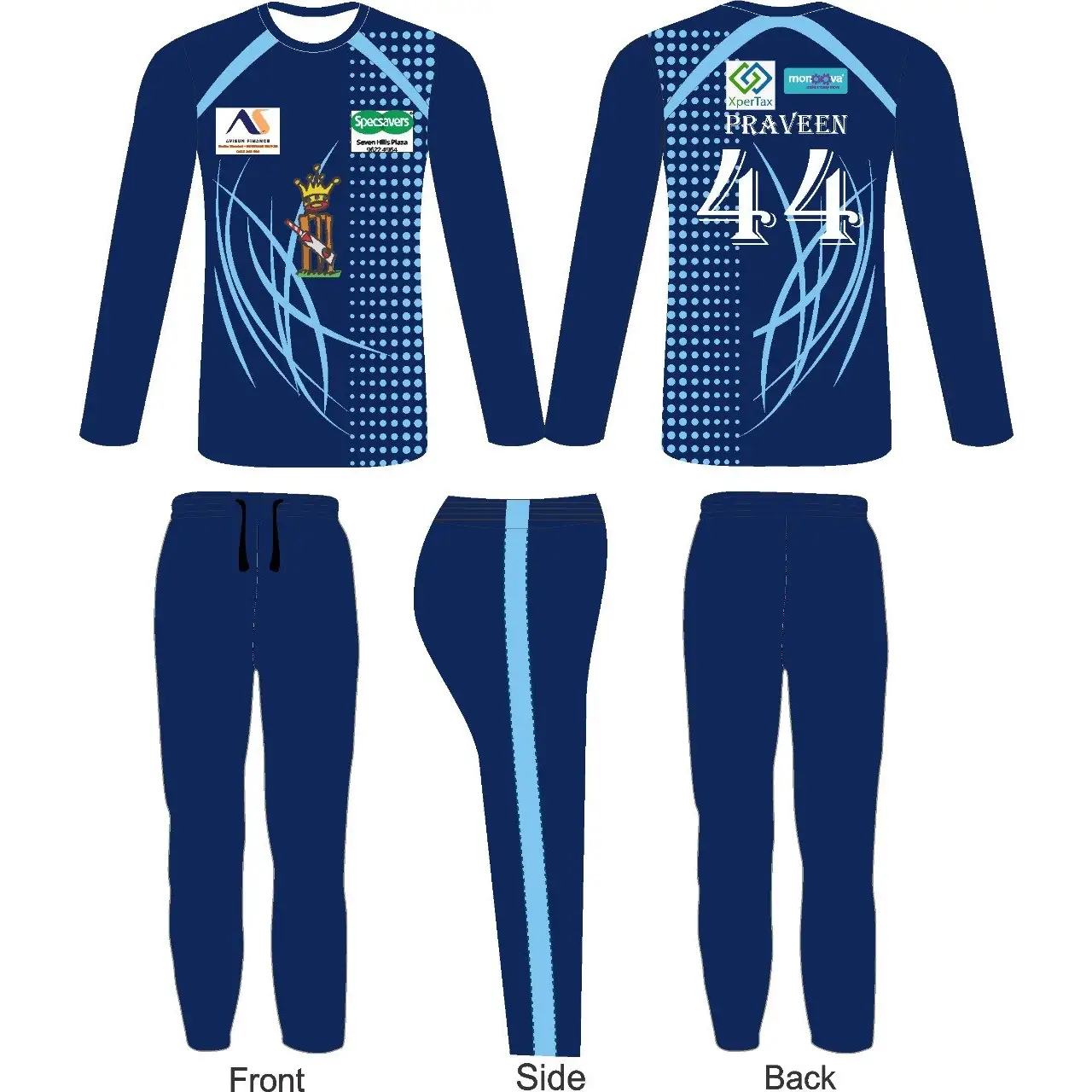 Full Sublimated Jersey Trouser Blue Kit Round Neck Design - S-XL - Custom Cricket Wear 2PC Full