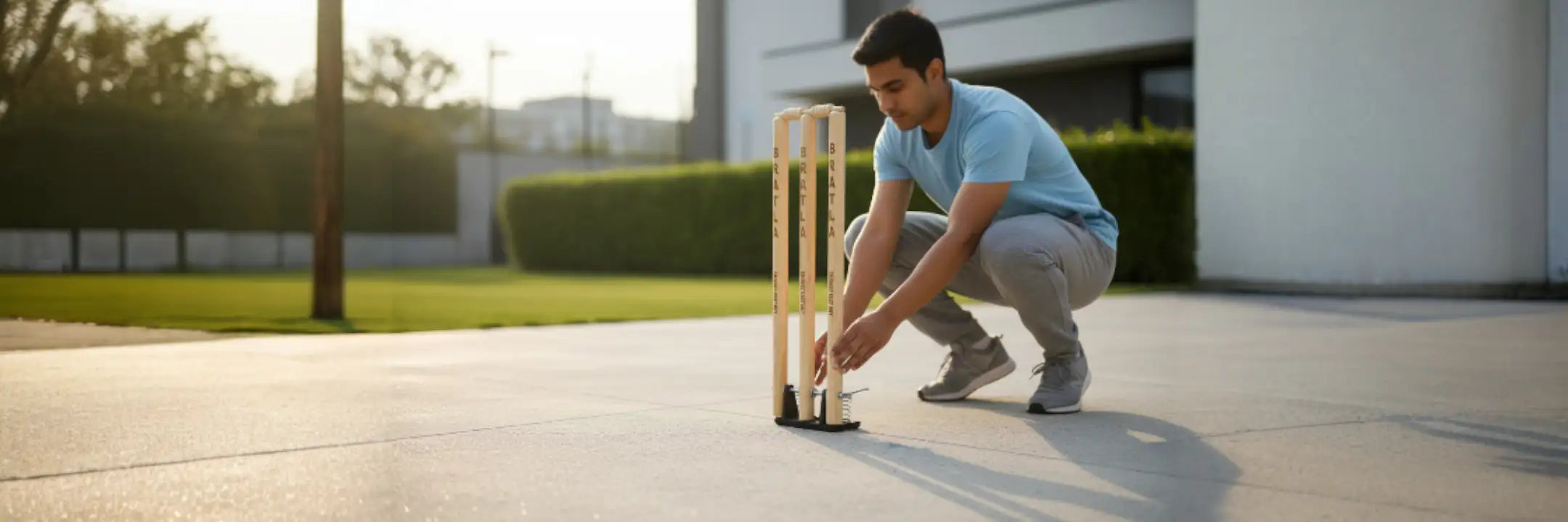 A man in a light blue shirt and gray pants is crouching beside wooden cricket stumps on a paved surface.