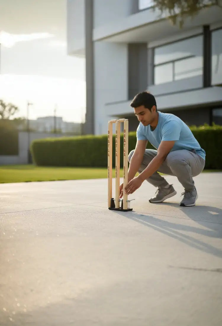 Set of three light-colored wooden cricket stumps with black rubber bases.