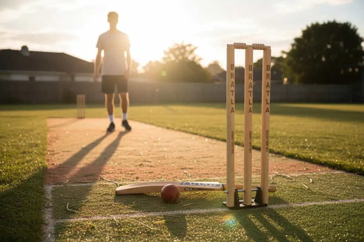 Set of three light-colored wooden cricket stumps with ’bratla’ engraved vertically on each, standing upright in a metal base.