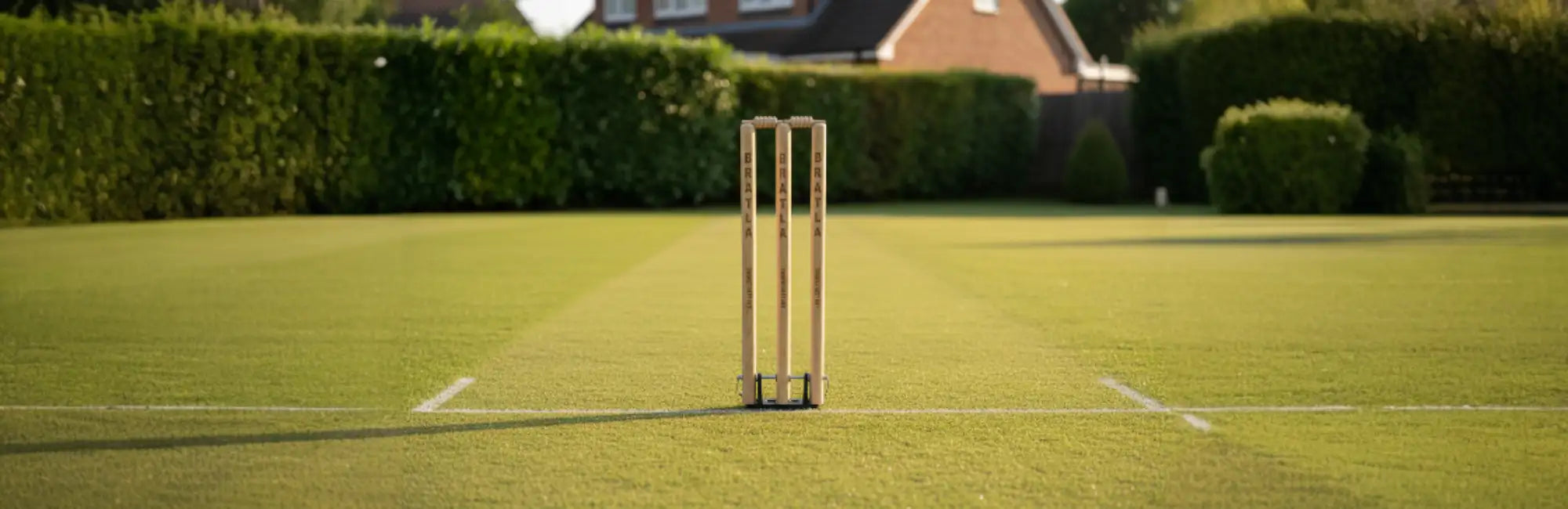 Set of three light-colored wooden cricket stumps with a metal base, standing upright on a green grass field.