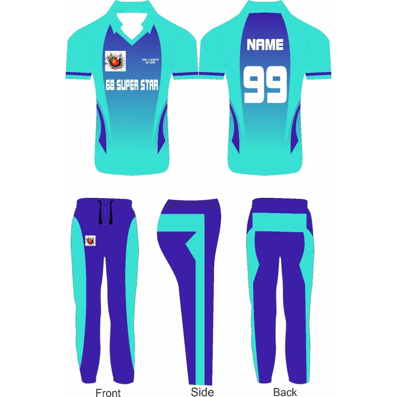 Sports Jersey Trouser Kit Blue & Light Blue Simple Clean Design - S-XL - Custom Cricket Wear 2PC Full