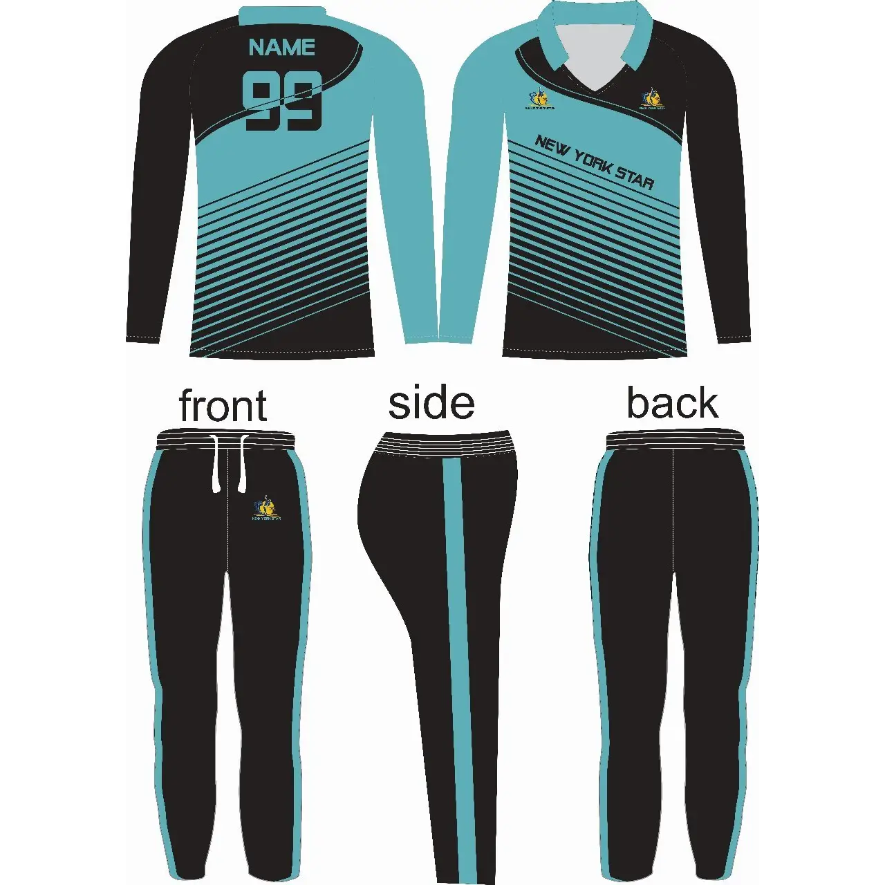 Cricket Kit Uniform Custom Made Clothing Light Blue & Black 2 Piece Set - Medium