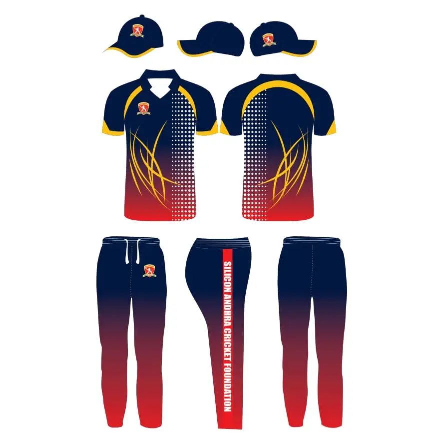 Fully Customized Cricket Uniform Blue Red Yellow 3 Piece Set