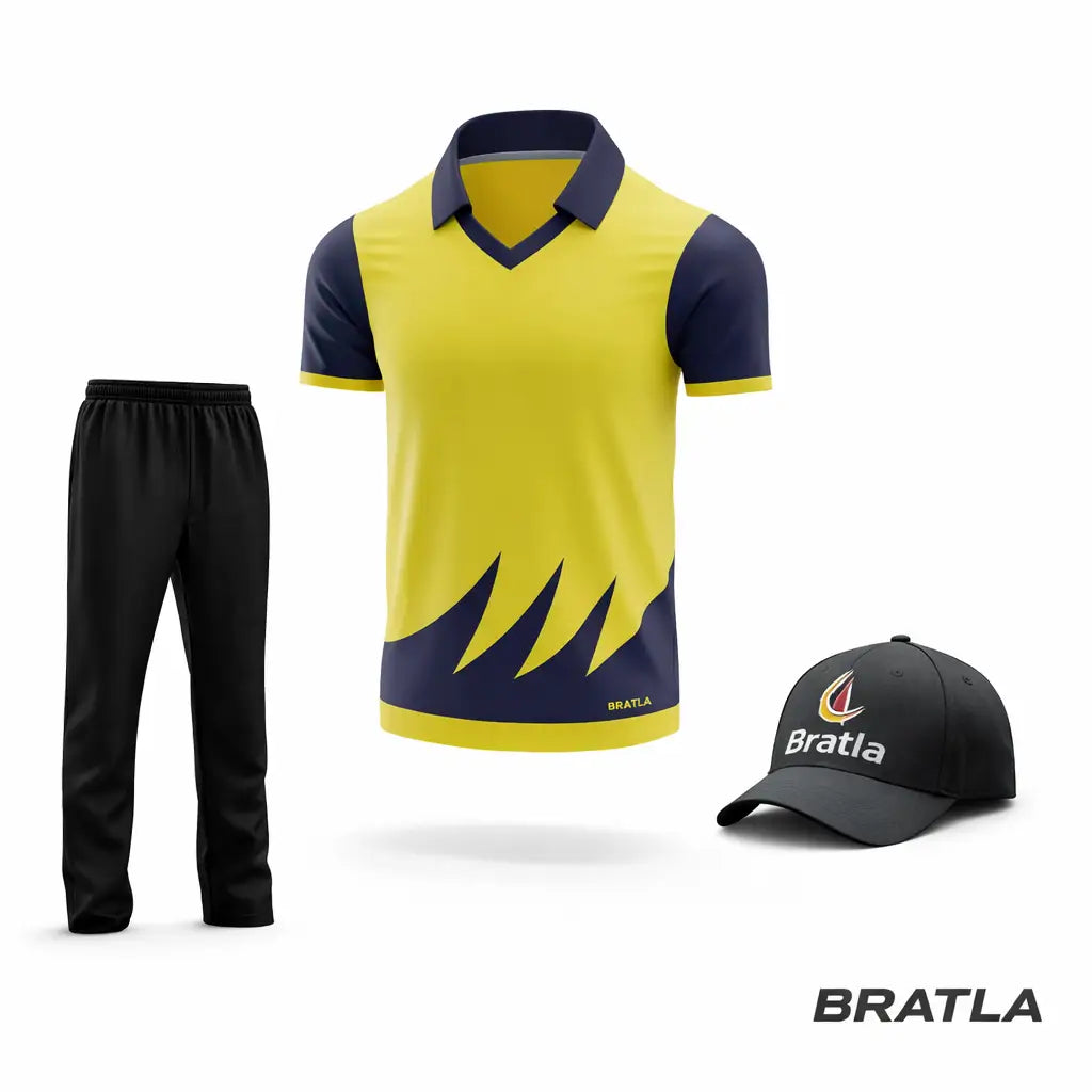 Fully Customized Cricket Shirt Trouser And Cap - Yellow And Blue 3 Piece Set