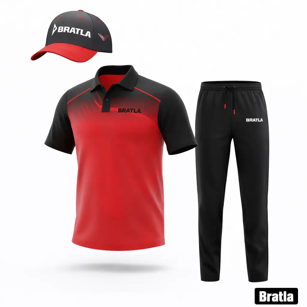 Cricket Shirt Trouser And Cap Customizable With Name And Number -Black And Red 3 Piece Set