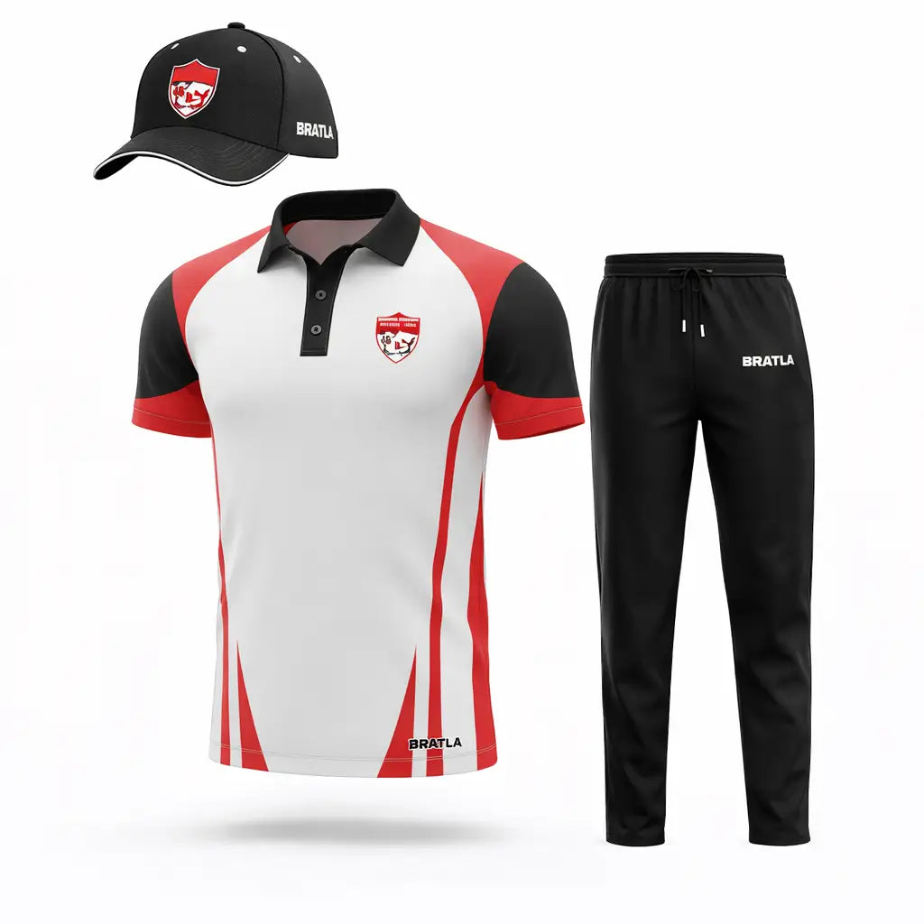 Fully Customizable Cricket Uniform With Name And Number - White Red Black 2 Piece Set