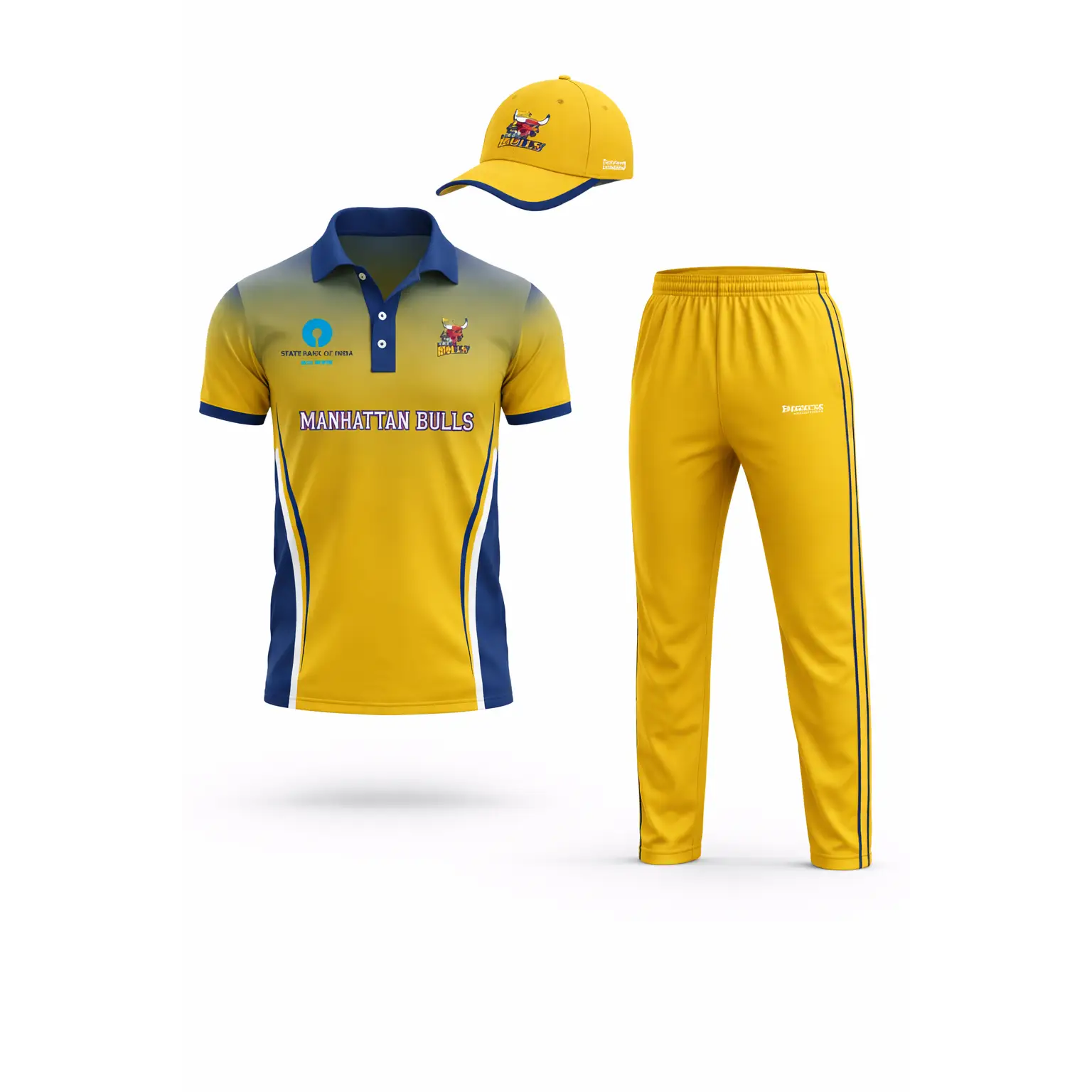 Cricket Shirt And Cap With Player Name And Number & Team Name - Yellow And Blue Shirt & Cap - TeamWear-Cricket