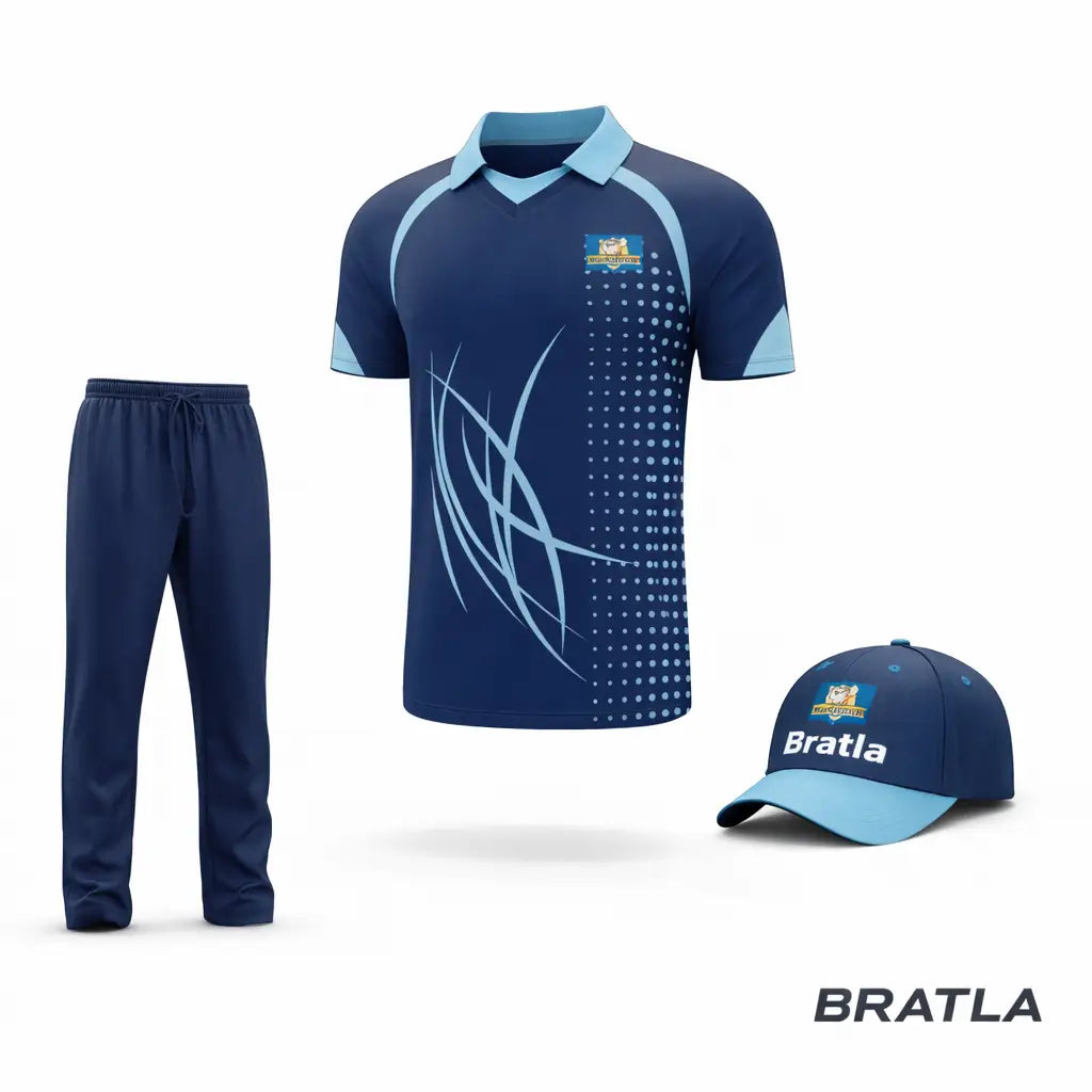 Customizable Cricket Shirt Trouser and Cap - Blue 3 Piece Set