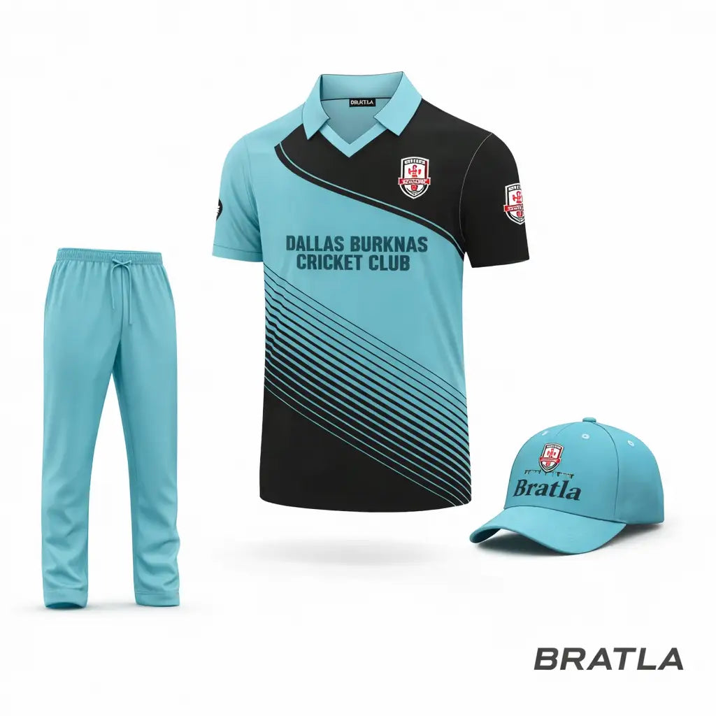 Customizable Cricket Uniform Team & Player Name, Number and Logo - Blue & Black 2 Piece Set