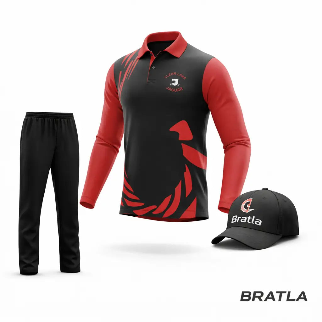 Cricket Uniform Fully Customizable With Player & Team Name Number - Red And Black 3 Piece Set - TeamWear-Cricket