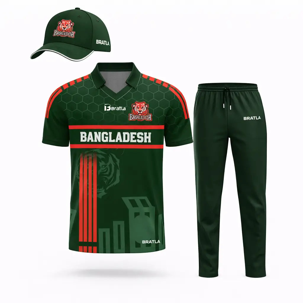 Cricket Shirt Trouser And Cap Fully Customizable With Name And Number - Red & Green 3 Piece Set