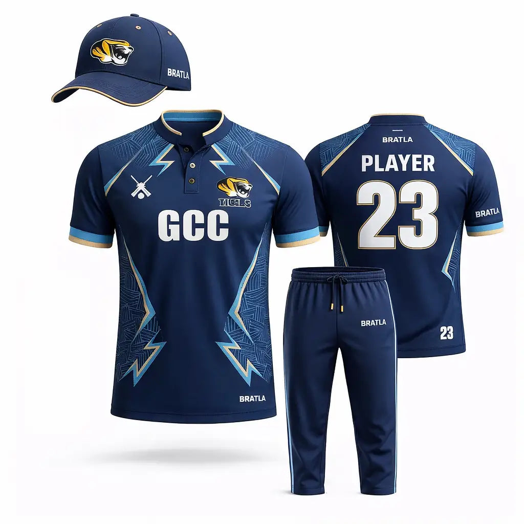 Customized Cricket Shirt And Trouser With Name And Number - Light And Dark Blue 2 Piece Set