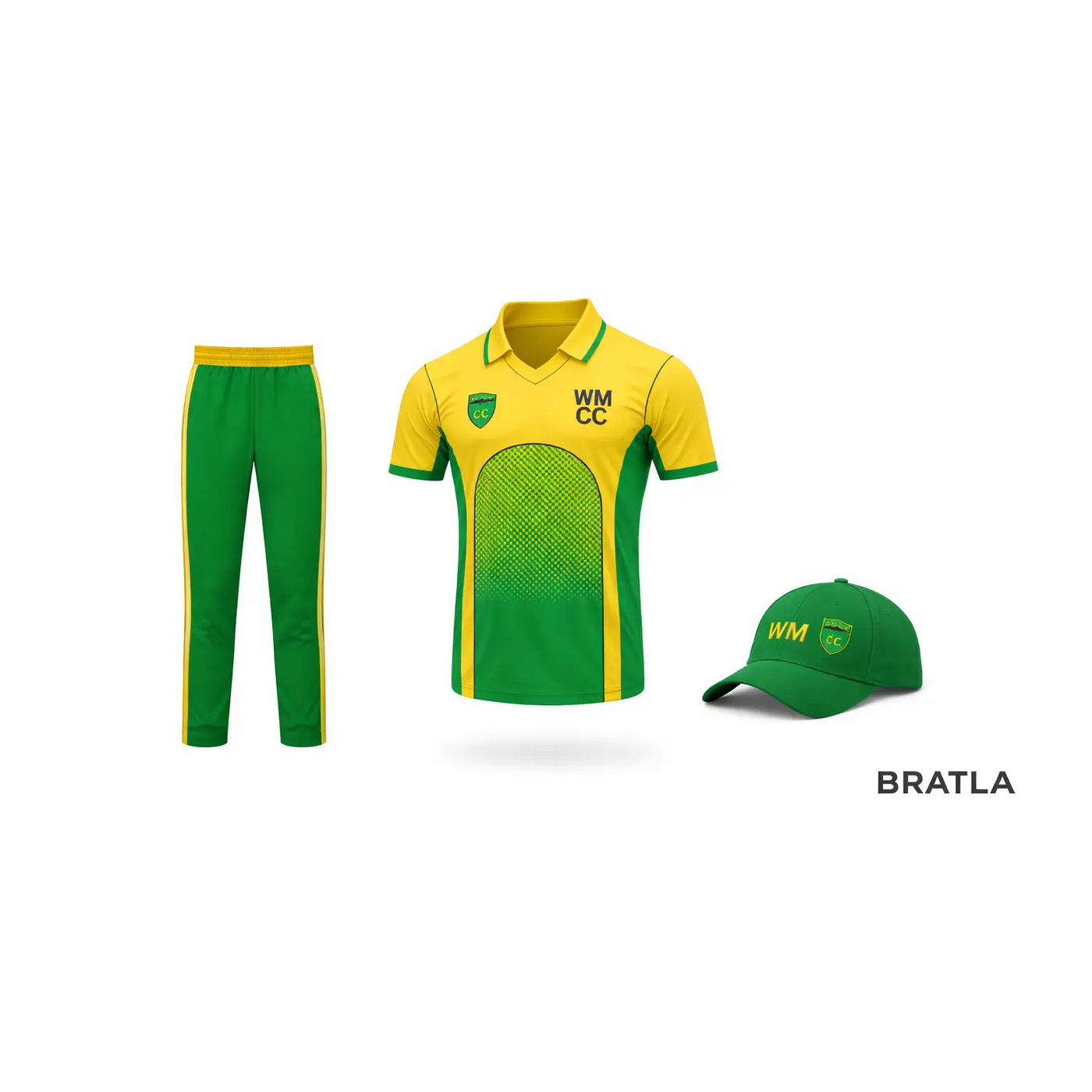 Customized Sublimation Cricket Uniform Jerseys Kit MW CC Yellow Green Black 2 Piece Set