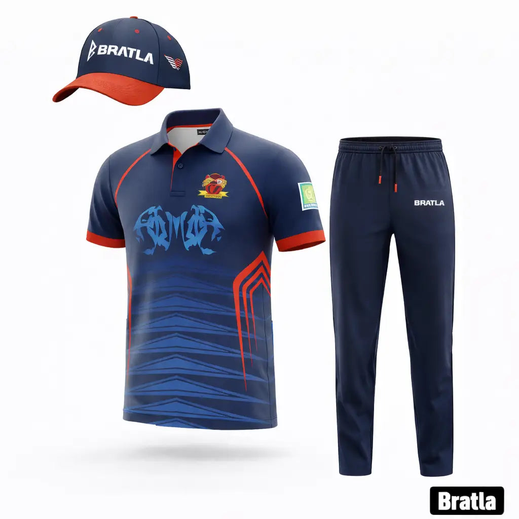 Fully Customizable Cricket Uniform With Name And Number - Blue Red 3 Piece Set - TeamWear-Cricket