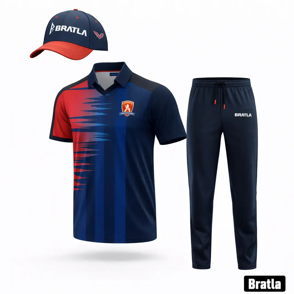 Cricket Shirt Trouser And Cap Customizable With Name And Number -Blue And Red 3 Piece Set - TeamWear-Cricket
