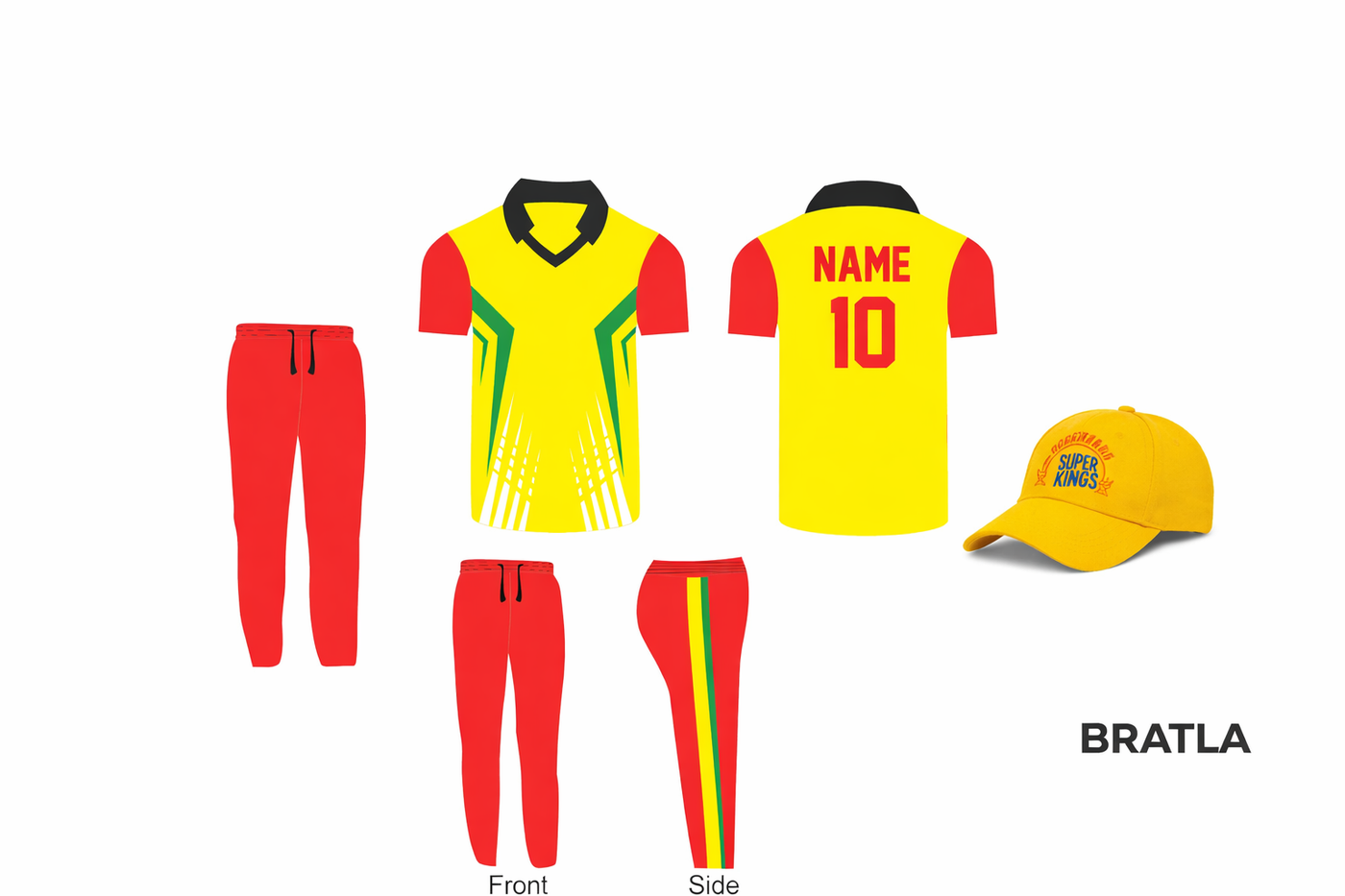 Cricket Team Kit Uniform Shirt & Trouser Yellow Green Red 2 Piece Set