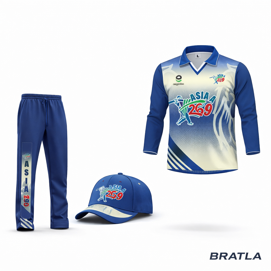 Cricket Sports Jersey Trouser Kit Blue White Name Number Logo 2 Piece Set