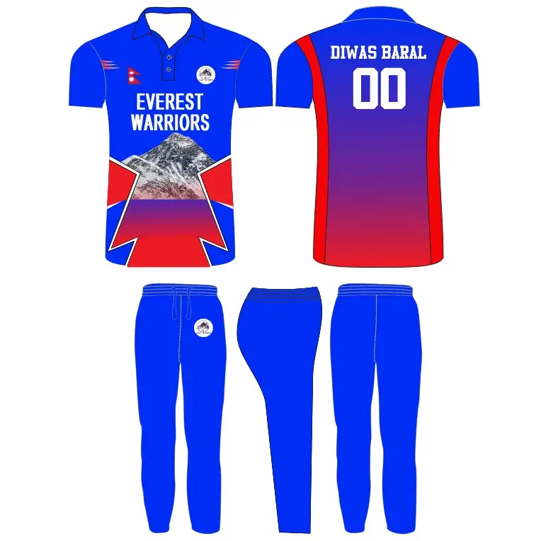 Blue & Red Cricket Uniform Fully Customizable with Name and Number 2 Piece Set - Custom Wear 2PC Full
