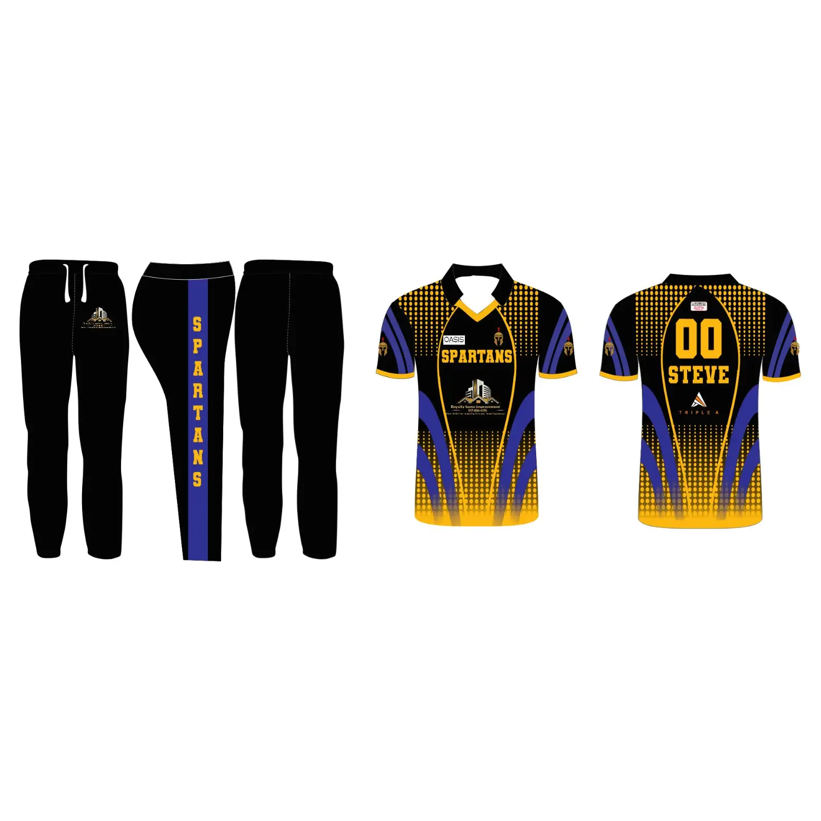 Blue & Yellow Cricket Uniform Fully Customizable with Name and Number 2 Piece Set - Custom Wear 2PC Full