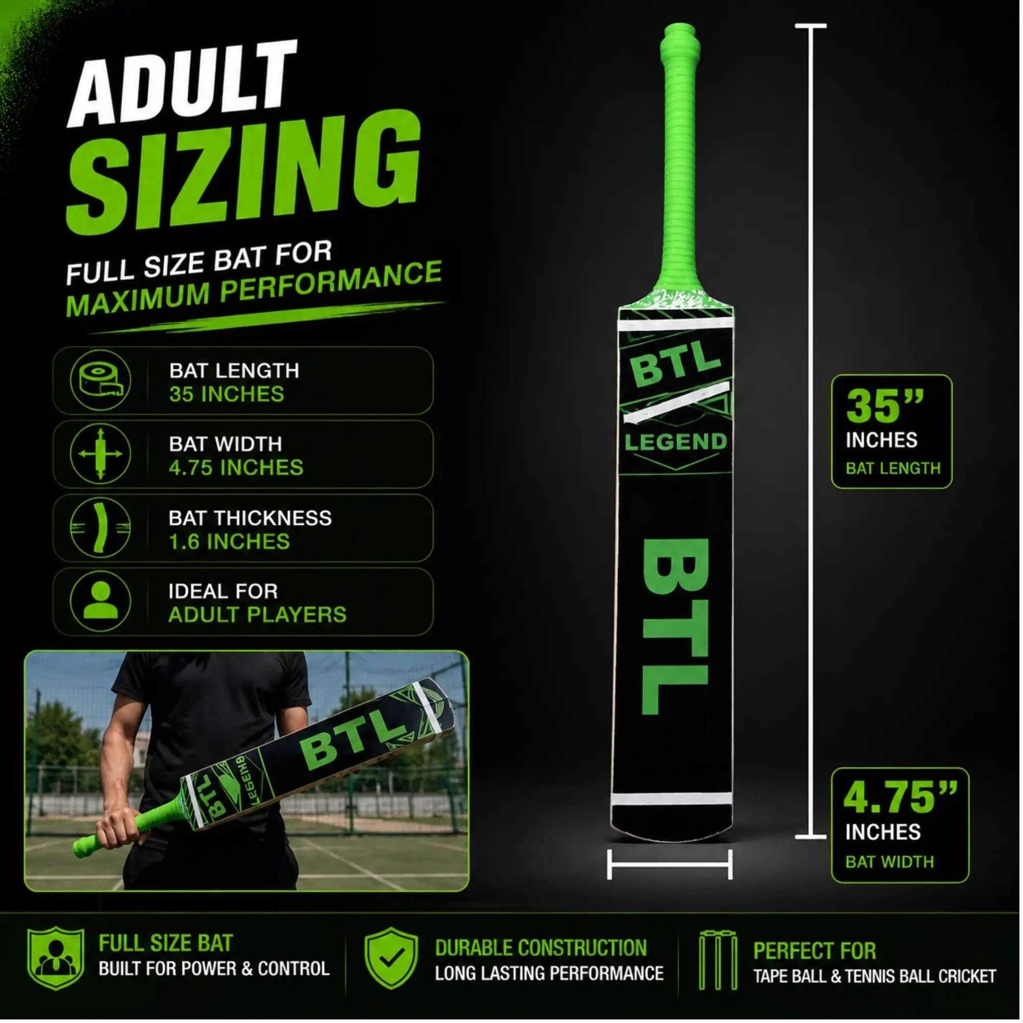 Bratla BTL Legend Adult Cricket Bat for Tape Ball & Tennis Ball Cricket - Full Size Lightweight Popular Willow Tape Ball Cricket Bat
