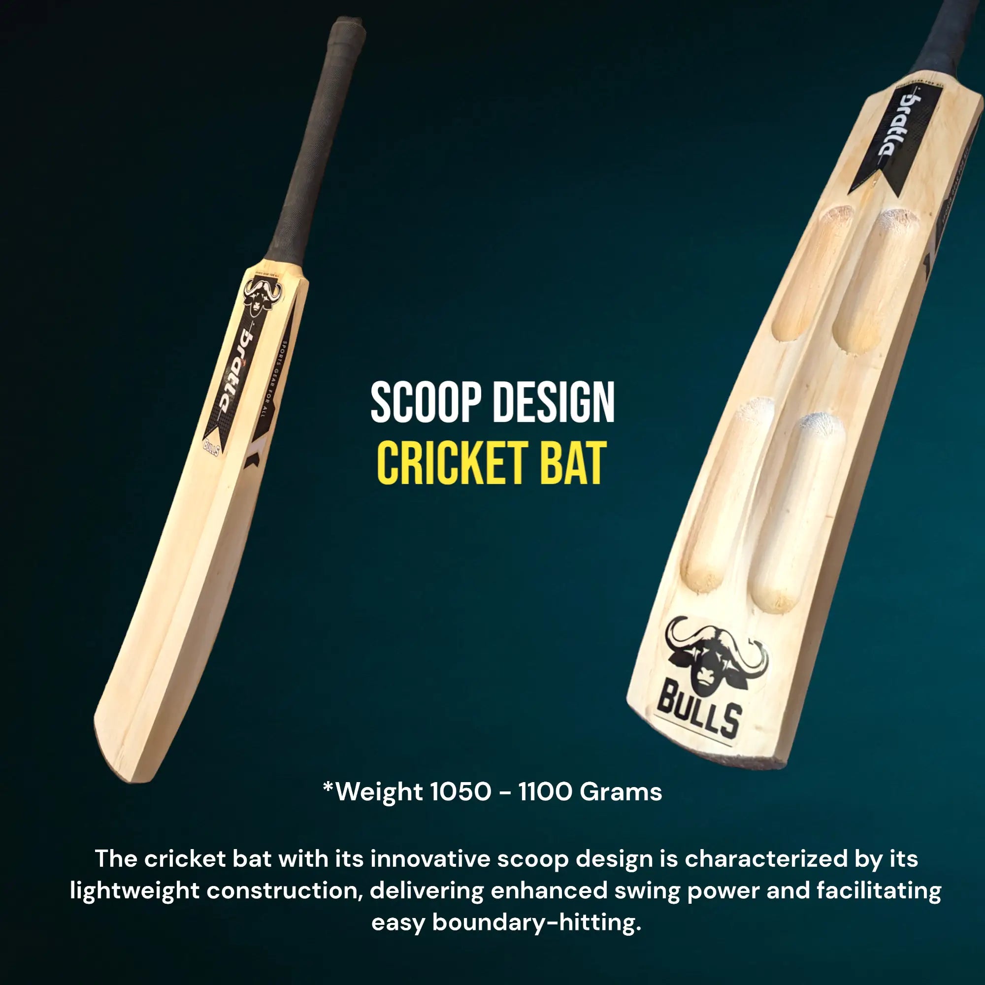 Bratla Bulls Kashmir Willow Cricket Bat Adult Scoop Design - BATS - MENS KASHMIR WILLOW
