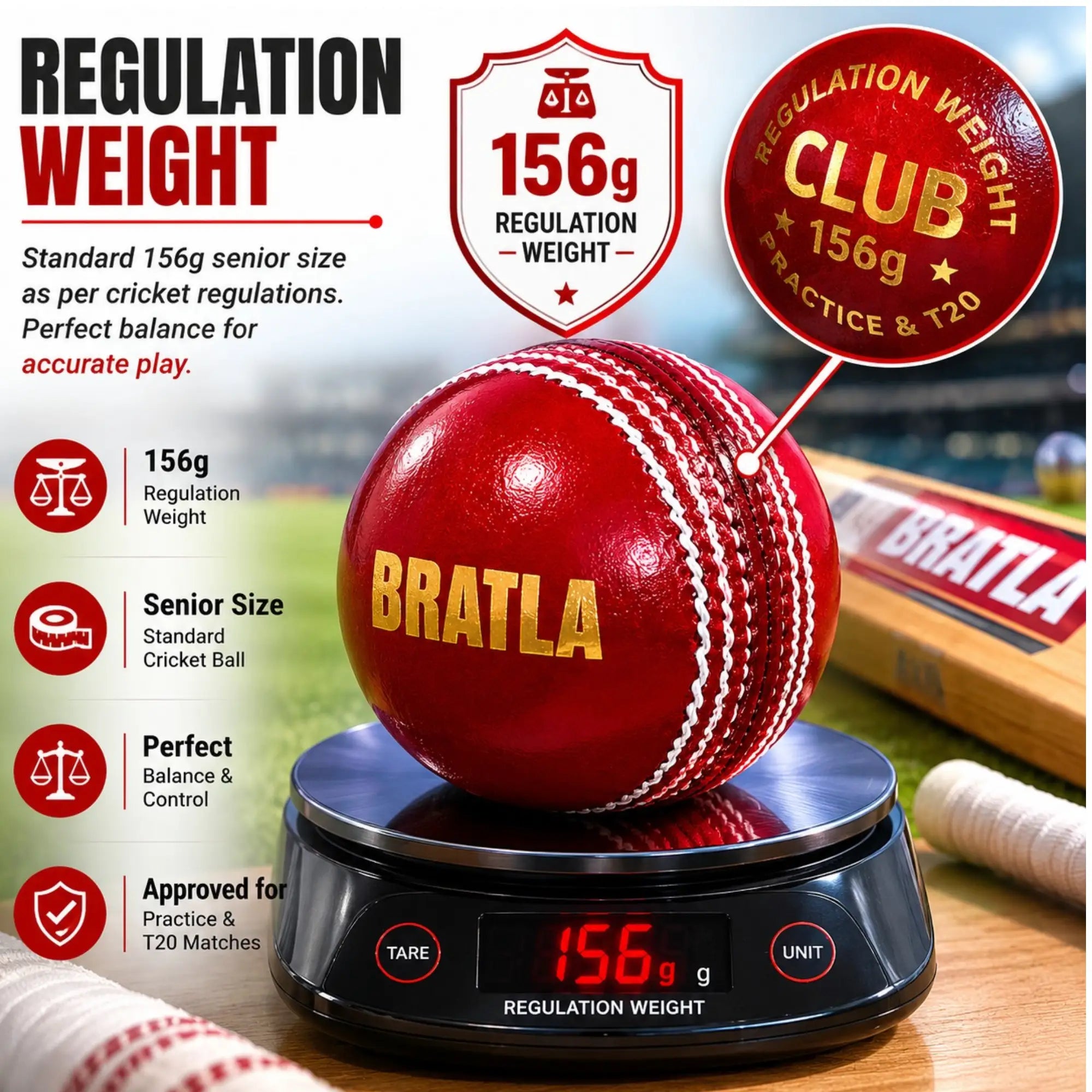 Bratla Club Cricket Balls – Pack of 6 Hard Leather Cricket Balls – Leather Cricket Ball for Practice Training & T20 – Regulation Weight –