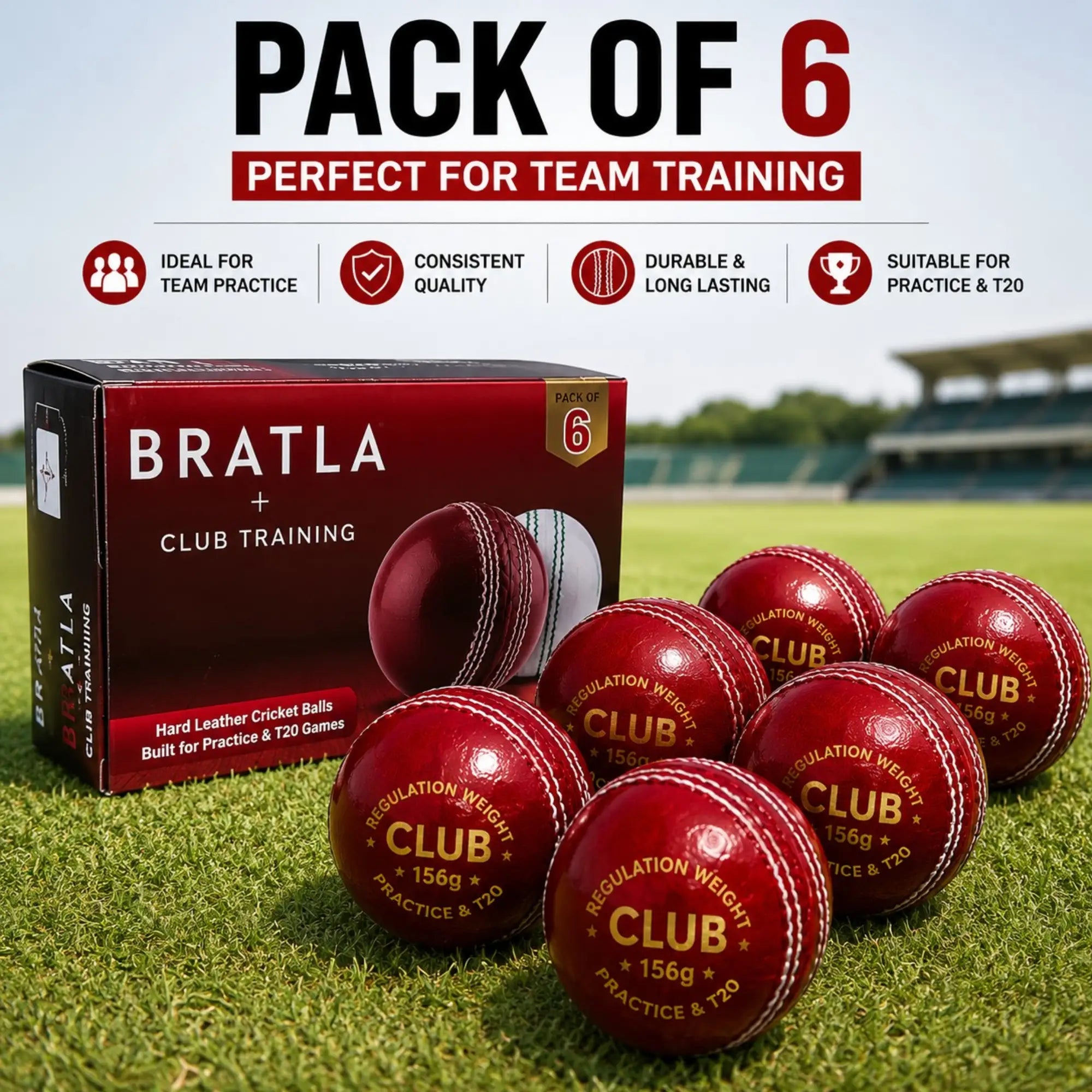 Bratla Club Cricket Balls – Pack of 6 Hard Leather Cricket Balls – Leather Cricket Ball for Practice Training & T20 – Regulation Weight –