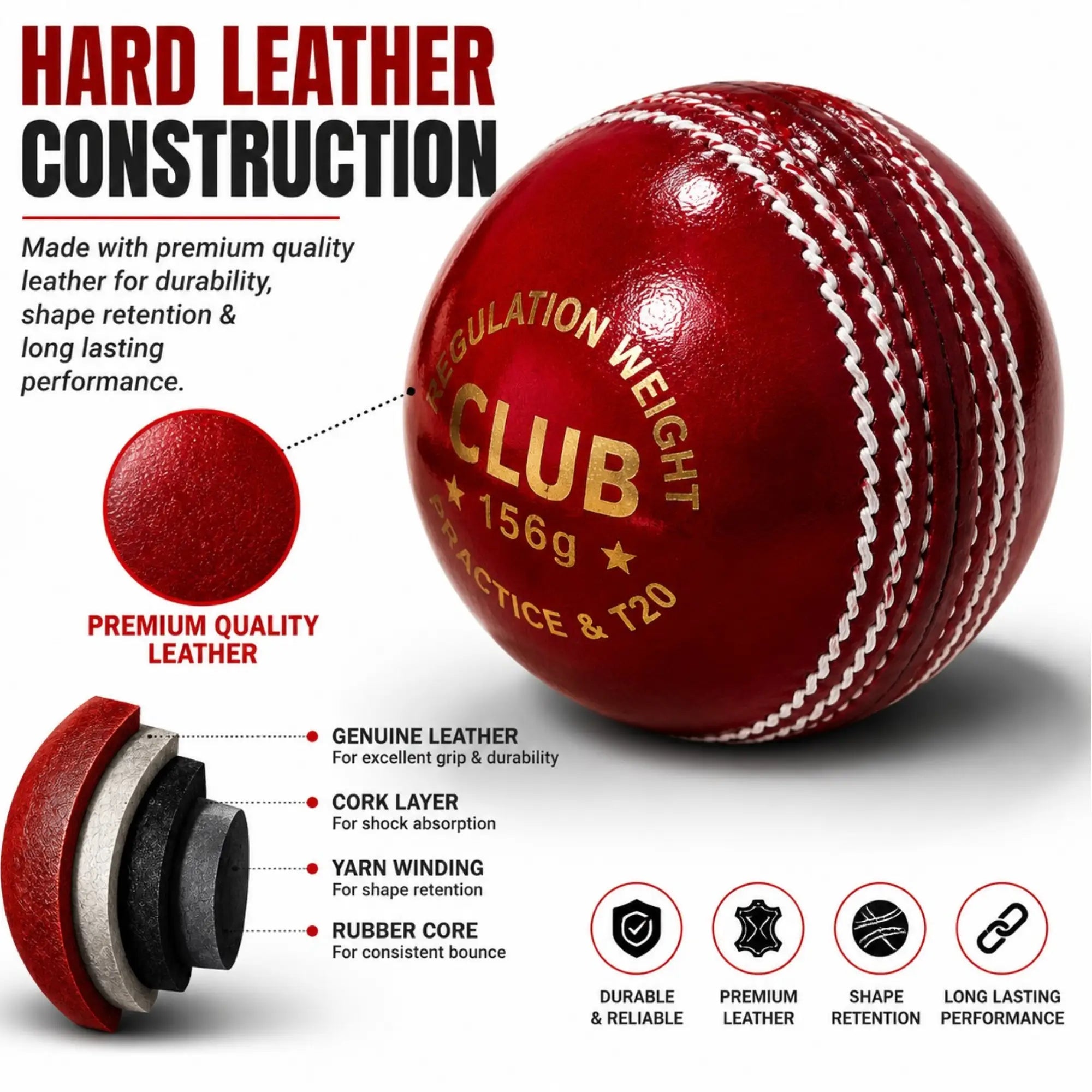 Bratla Club Cricket Balls – Pack of 6 Hard Leather Cricket Balls – Leather Cricket Ball for Practice Training & T20 – Regulation Weight –