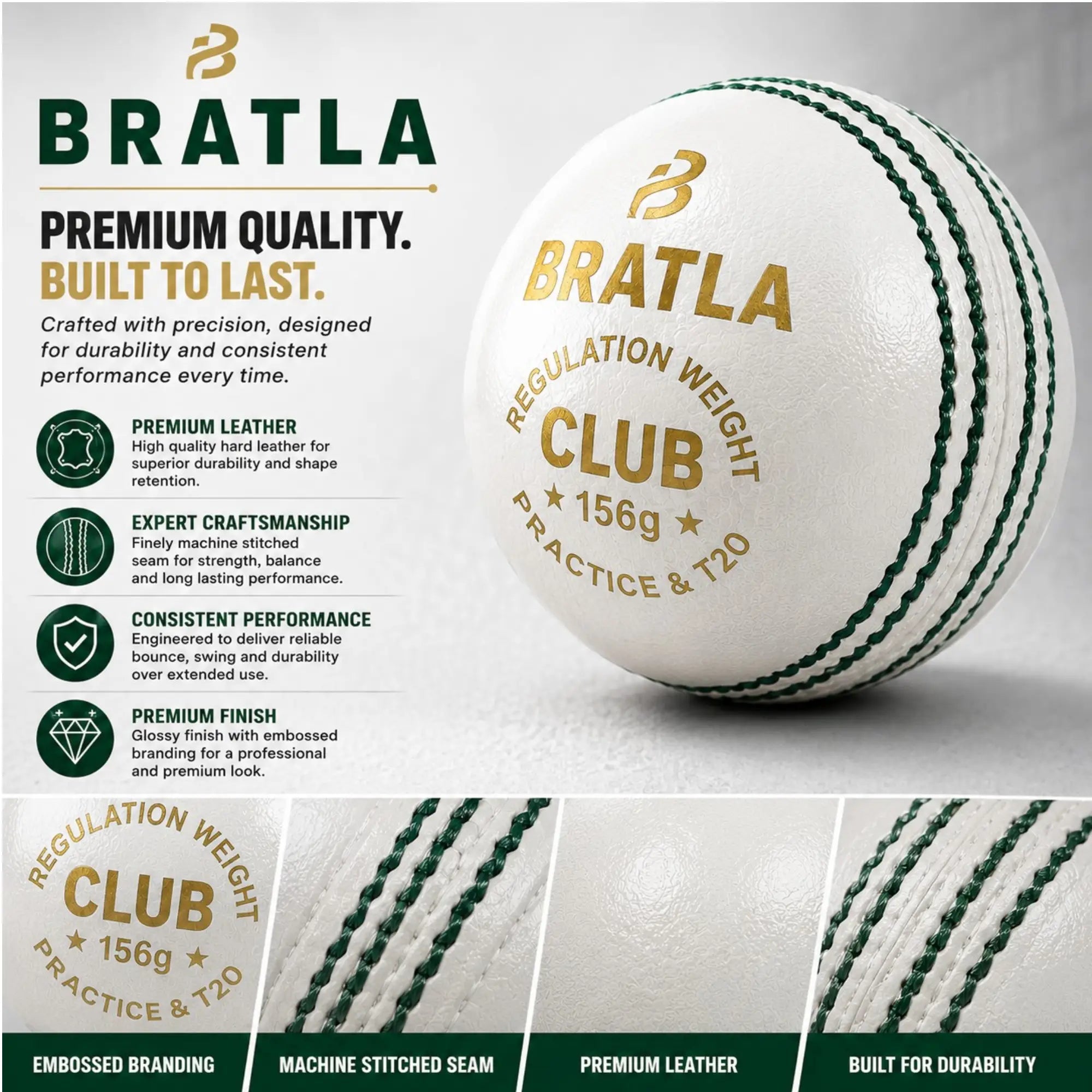 Bratla Club Cricket Balls – Pack of 6 Hard Leather Cricket Balls – Leather Cricket Ball for Practice Training & T20 – Regulation Weight –