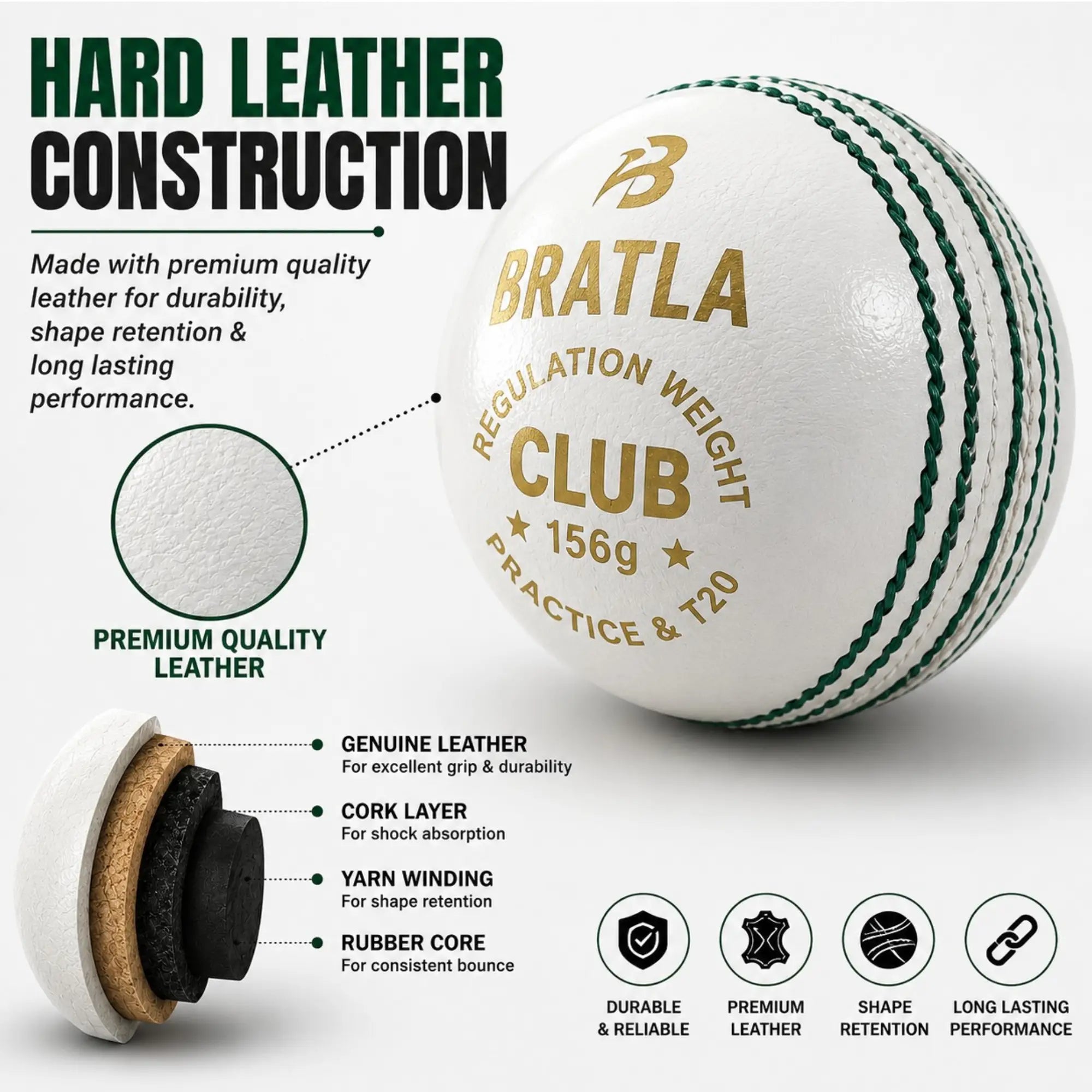 Bratla Club Cricket Balls – Pack of 6 Hard Leather Cricket Balls – Leather Cricket Ball for Practice Training & T20 – Regulation Weight –