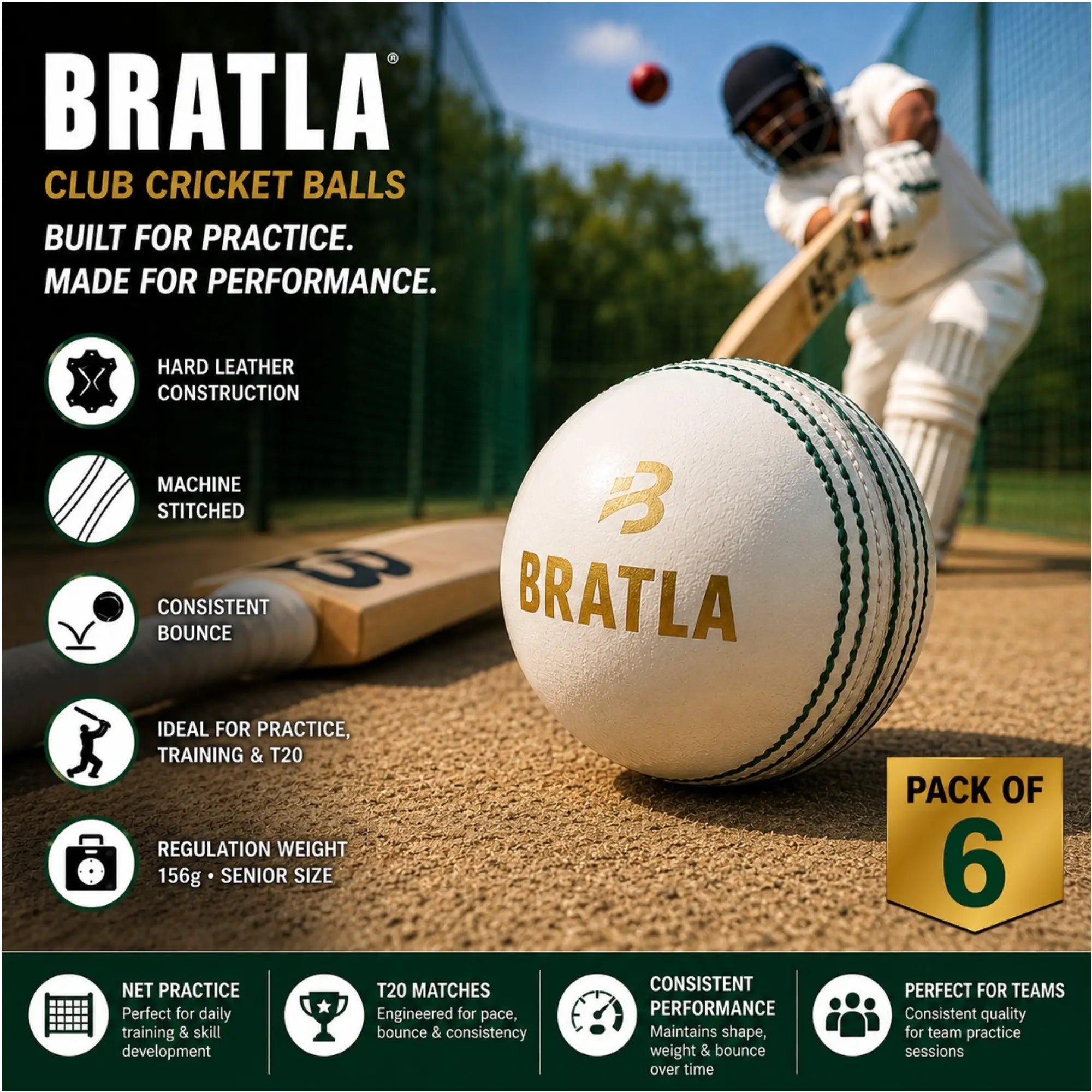 Bratla Club Cricket Balls – Pack of 6 Hard Leather Cricket Balls – Leather Cricket Ball for Practice Training & T20 – Regulation Weight –